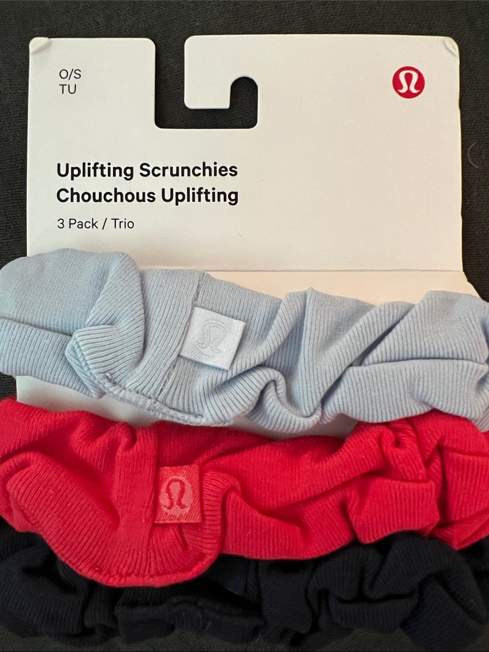Lululemon Uplifting Scrunchies 3-Pack - Light Blue, Coral, Black NWT